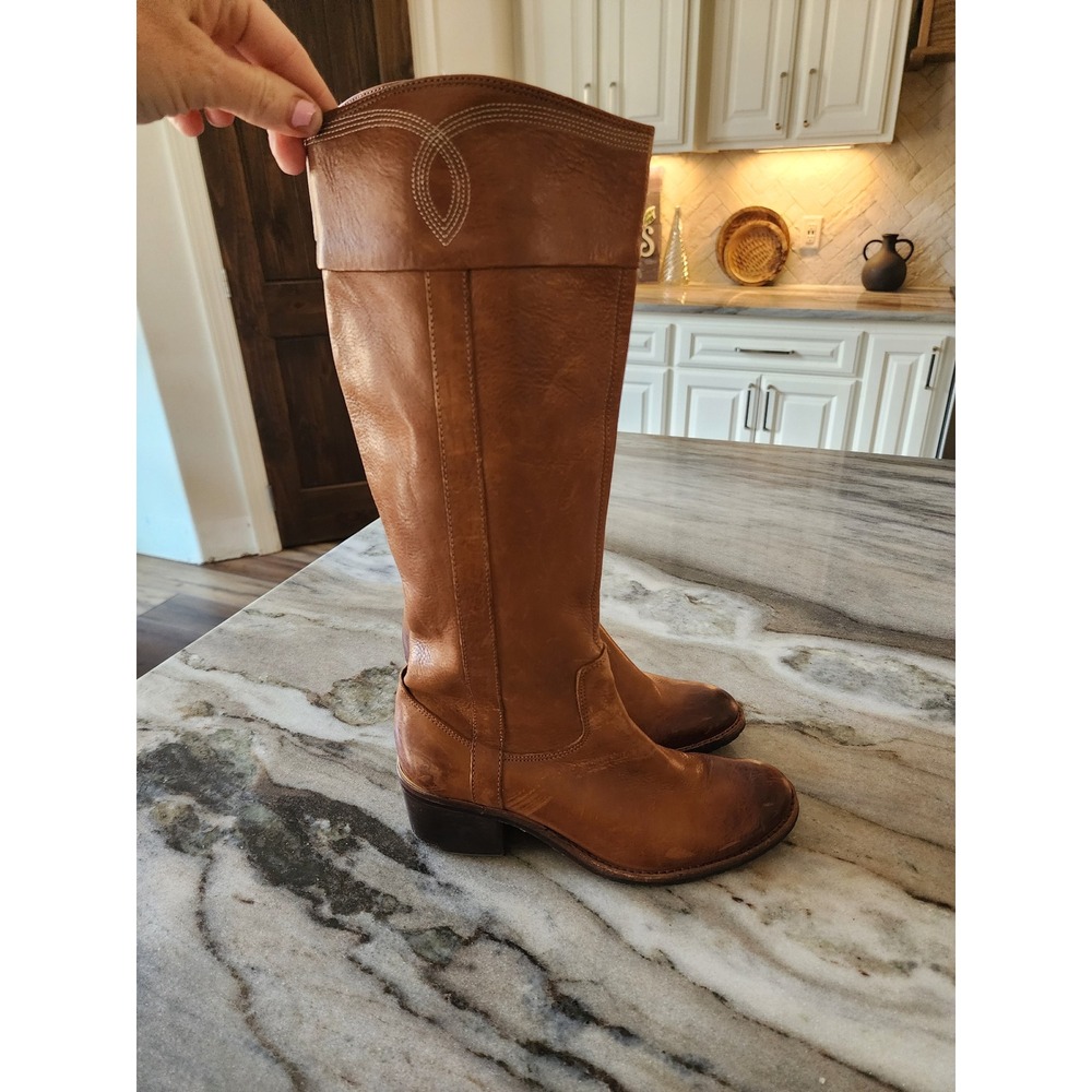 Donald Pliner Tall Leather Riding Boots Western Cognac Brown Block Women's 6.5